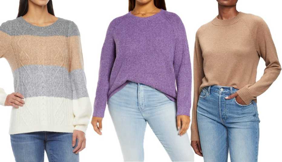 (De izquierda a derecha) Suéter St. John’s Bay Women’s Crewneck Long Sleeve Striped Pullover en combinación de colores neutros; suéter BP Plaited Stitch Recycled Blend Crewneck en color Purple Dahlia; suéter Gap Recycled Cashmere en color Camel Tan.
