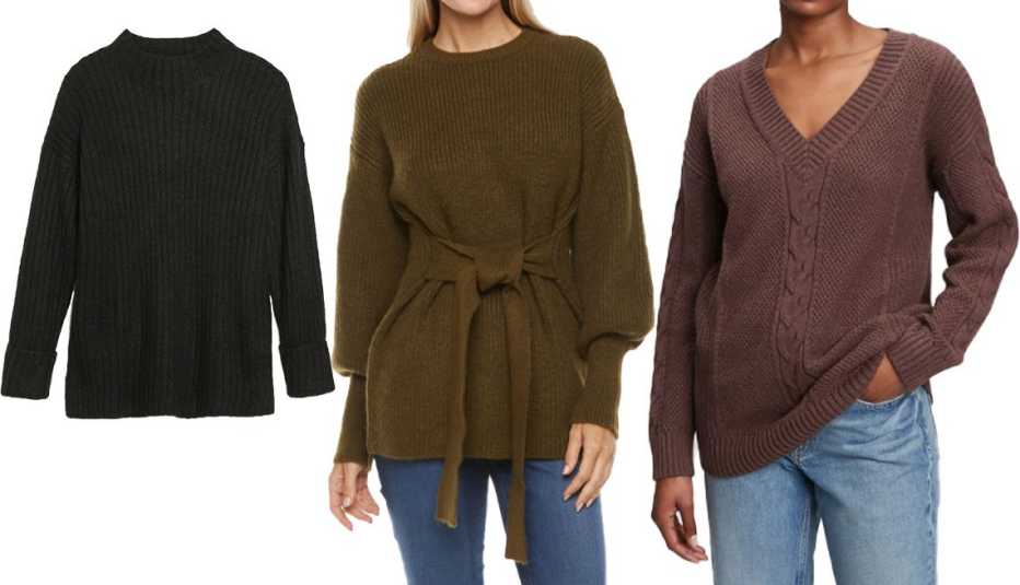 (De izquierda a derecha) Suéter túnica Old Navy Mock-Neck Ribbed Tunic Sweater for Women en color Black Jack; suéter Worthington Women’s Crew Neck Long Sleeve Pullover en color Battalion Olive; suéter túnica Gap Cable Knit Tunic Sweater en color Espresso 
