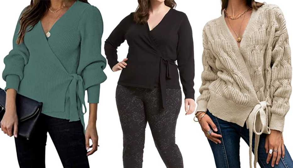 (De izquierda a derecha) Suéter estilo chal Kirundo Women’s 2021 V Neck Balloon Sleeve Wrap Tunic Top en color Lake Green; suéter estilo chal Lane Bryant V-Neck Wrap Sweater en negro; suéter estilo chal Miessial Women’s V Neck Cable Knit Wrap en beige.