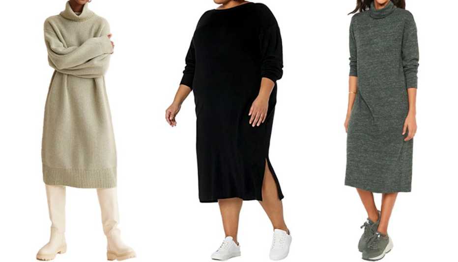 (De izquierda a derecha) Vestido H&M Rib-knit Turtleneck Dress en color Sage Green; vestido Drop Women’s Suki Rib Midi V-Back Sweater Dress en negro; vestido Old Navy Long-Sleeve Turtleneck Midi Sweater Shift Dress for Women en color Dark Bottle.