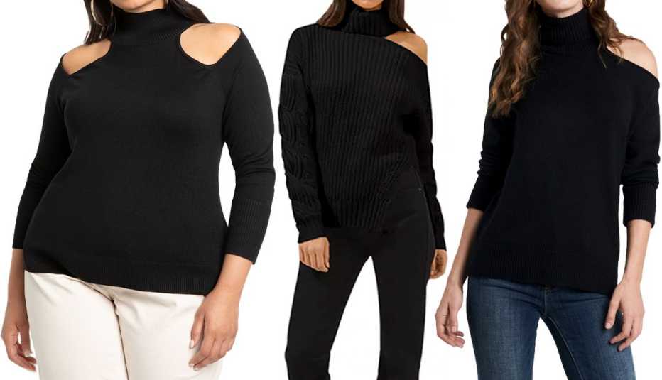 (De izquierda a derecha) Suéter Eloquii Cold Shoulder Cut-out Turtleneck en color Totally Black; suéter ASTR the Label Sequoia Shoulder Cutout Sweater en negro; suéter 1.State Cold Shoulder Cuffed Turtleneck Sweater en color Rich Black.