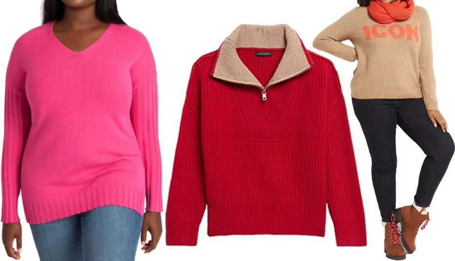 (De izquierda a derecha) Suéter Adyson Parker V-Neck Tunic Sweater, Plus Size en color Pink Yarrow; suéter Banana Republic Oversized Half-Zip Sweater en color Hot Red; suéter Lane Bryant Crew-Neck Icon Sweater en café claro.