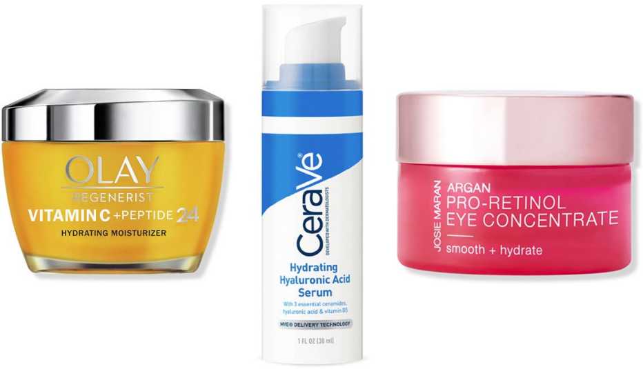 (De izquierda a derecha) Crema humectante Vitamin C + Peptide 24 Face Moisturizer de Olay Regenerist; suero facial Hydrating Hyaluronic Acid Face Serum de CeraVe; concentrado de ojos Argan Pro-Retinol Eye Concentrate de Josie Maran.
