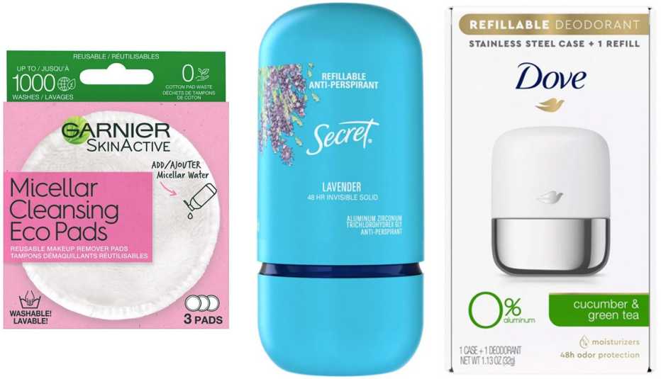 (De izquierda a derecha) Discos desmaquillantes reutilizables SkinActive Micellar Cleansing Eco Pads de Garnier; antiperspirante y desodorante recargable Refillable Invisible Solid Antiperspirant & Deodorant de Secret con olor a lavanda; estuche recargabl