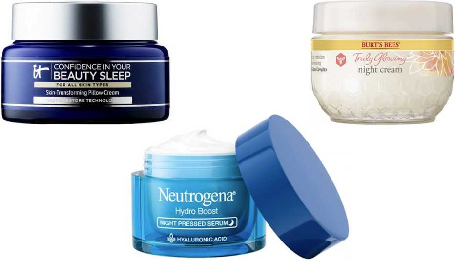 (En el sentido de las manecillas del reloj, desde la esquina superior izquierda) Crema de noche Confidence in Your Beauty Sleep Night Cream de IT Cosmetics; crema de noche Truly Glowing Night Cream de Burt's Bees; suero de noche Hydro Boost Night Pressed 