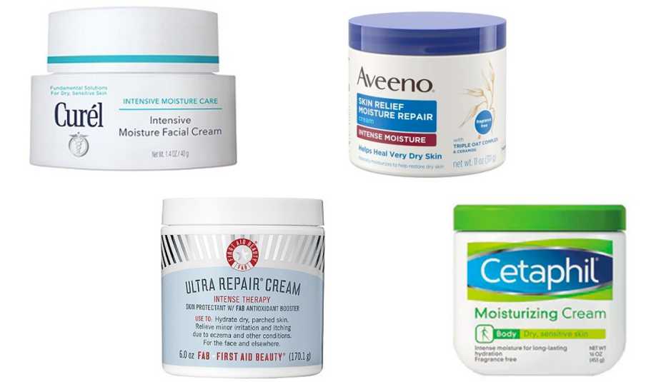 Cremas Curél Intensive Moisture Facial Cream (arriba, a la izquierda); Aveeno Skin Relief Moisture Repair Cream (arriba, a la derecha), First Aid Beauty Ultra Repair Cream (abajo izquierda); Cetaphil Moisturizing Body Cream for Dry, Sensitive Skin.