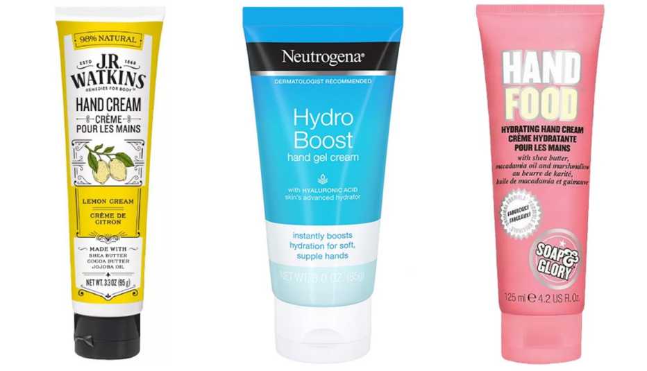 Cremas para las manos JR Watkins Naturals Shea Butter Hand Cream, Lemon Cream (izquierda); Neutrogena Hydro Boost Gel Hand Cream with Hyaluronic Acid (centro); Soap & Glory Hand Food Hand Cream.