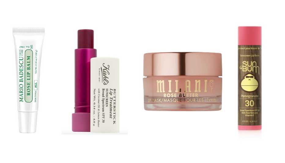 Bálsamo para labios Mario Badescu Rose Lip Balm (izquierda); tratamiento para labios Kiehl's Butterstick Lip Treatment SPF 30 (izquierda, centro); mascarilla para labios Milani Rose Butter Lip Mask (derecha, centro); bálsamo para labios Sun Bum Sunscreen 
