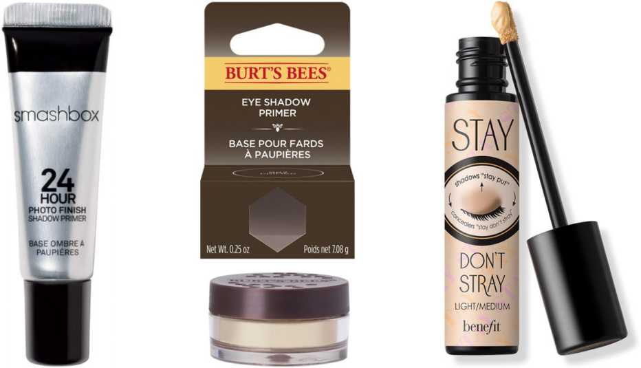 (De izquierda a derecha) Smashbox 24 Hour Shadow Primer de Ulta Beauty; Burt’s Bees Eye Shadow Primer; Benefit Cosmetics Stay Don’t Stray Eyeshadow Primer color Light/Medium. (De izquierda a derecha) Smashbox 24 Hour Shadow Primer de Ulta Beauty; Burt’s Bees Eye Shadow Primer; Benefit Cosmetics Stay Don’t Stray Eyeshadow Primer color Light/Medium.