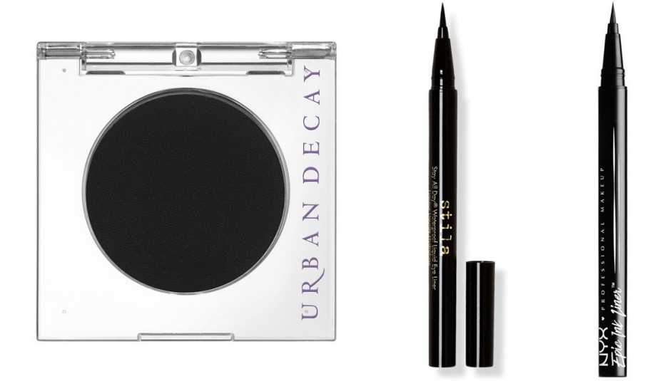 (De izquierda a derecha) Urban Decay 24/7 Eyeshadow color Blackout-Matte; Stila Stay All Day Waterproof Liquid Eye Liner color Intense Black; NYX Professional Makeup Epic Ink Waterproof Eyeliner Vegan Formula color negro.