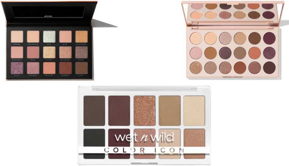 (En el sentido de las agujas del reloj desde la parte superior izquierda) Milani Gilded Eyeshadow Palette color Nude 120; Morphe 18T Truth o Bare Artistry Palette; Wet n Wild Color Icon 10-Pan Eyeshadow Palette color Nude Awakening.