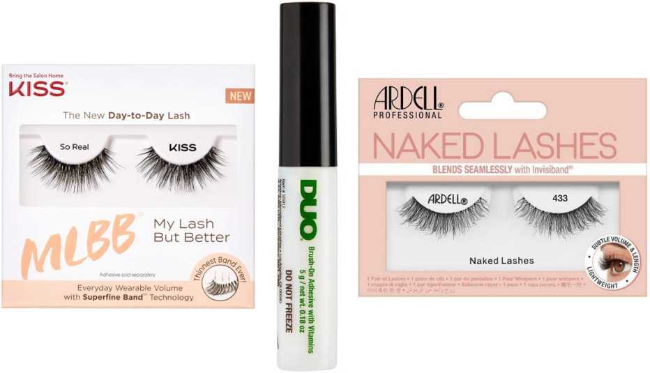 (De izquierda a derecha) Kiss MLBB Lashes; Duo Lash Adhesive Brush color Clear; Pestañas postizas Ardell Naked No. 433.