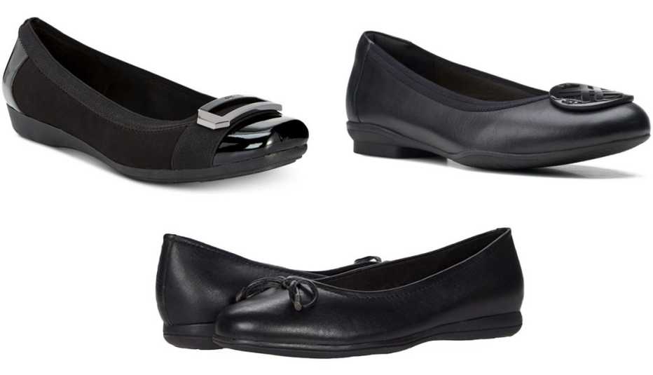 (Desde arriba a la izquierda, en el sentido de las agujas del reloj) Zapatos planos con hebilla Sport Uplift de Anne Klein, en negro; zapatos planos Sara Willow de Clarks, en cuero negro; Dellis de Trotters en cuero negro.
