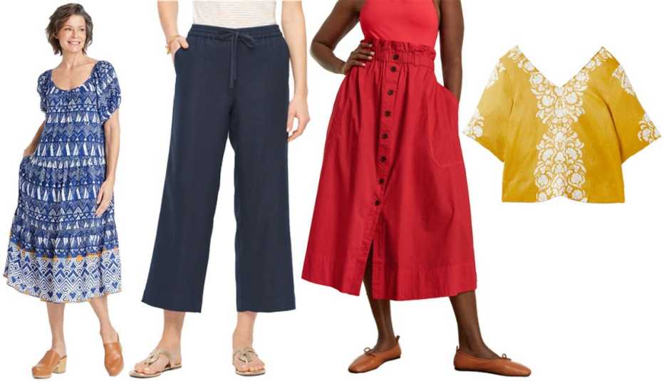 (De izquierda a derecha) Vestido de manga corta para mujer Puff Short Sleeve Tiered A-Line Dress de Knox Rose en color Blue Paisley; pantalones de lino en talla plus Linen Wide Leg Crop Pants de Talbots en color Indigo Blue; falda abotonada The Easy Button-Front Skirt de Everlane en color Goji Berry; blusa de lino Linen Wide Sleeve Top de Boden en color Butter Yellow/Passion Bloom.