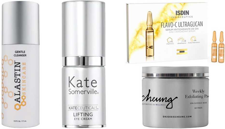 Las selecciones de la Dra. Cheung: limpiador Alastin Skincare Gentle Cleanser (izquierda, $45, alastin.com); crema para ojos Kate Somerville KateCeuticals Lifting Eye Cream (segunda desde la izquierda, $105, sephora.com); suero Isdinceutics Flavo-C Ultraglican, 10 ampollas (arriba a la derecha, $48, isdin.com/en-US); almohadillas exfoliantes Cheung Aesthetics & Wellness Weekly Exfoliating Pads (abajo a la derecha, $ 43, drjessiecheung.com). Las selecciones de la Dra. Cheung: limpiador Alastin Skincare Gentle Cleanser (izquierda, $45, alastin.com); crema para ojos Kate Somerville KateCeuticals Lifting Eye Cream (segunda desde la izquierda, $105, sephora.com); suero Isdinceutics Flavo-C Ultraglican, 10 ampollas (arriba a la derecha, $48, isdin.com/en-US); almohadillas exfoliantes Cheung Aesthetics & Wellness Weekly Exfoliating Pads (abajo a la derecha, $ 43, drjessiecheung.com).