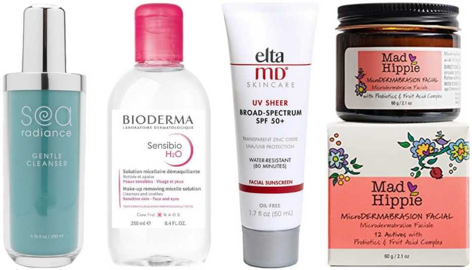 Las selecciones de la Dra. Jaliman: (de izquierda a derecha) el limpiador Sea Radiance Gentle Cleanser ($35, drjaliman.com); el desmaquillador de agua micelar Bioderma Sensibio H2O ($13, target.com); EltaMD UV Sheer Broad-Spectrum SPF 50+ ($32, dermstore.com); Mad Hippie MicroDermabrasion Facial ($26, amazon.com). Las selecciones de la Dra. Jaliman: (de izquierda a derecha) el limpiador Sea Radiance Gentle Cleanser ($35, drjaliman.com); el desmaquillador de agua micelar Bioderma Sensibio H2O ($13, target.com); EltaMD UV Sheer Broad-Spectrum SPF 50+ ($32, dermstore.com); Mad Hippie MicroDermabrasion Facial ($26, amazon.com).