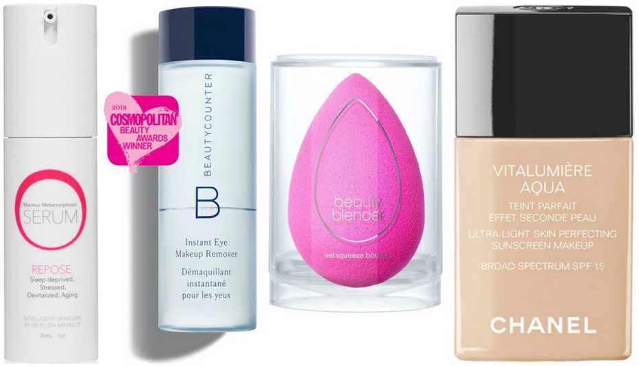 Las selecciones de la Dra. Marmur: (de izquierda a derecha) el suero MMRepose Serum ($85, mmskincare.com); el desmaquillador de ojos Beautycounter Instant Eye Makeup Remover ($28, beautycounter.com); esponja Beautyblender Original Sponge ($20, target.com); el protector solar Chanel Vitalumière Aqua SPF 15 ($50, nordstrom.com). Las selecciones de la Dra. Marmur: (de izquierda a derecha) el suero MMRepose Serum ($85, mmskincare.com); el desmaquillador de ojos Beautycounter Instant Eye Makeup Remover ($28, beautycounter.com); esponja Beautyblender Original Sponge ($20, target.com); el protector solar Chanel Vitalumière Aqua SPF 15 ($50, nordstrom.com).