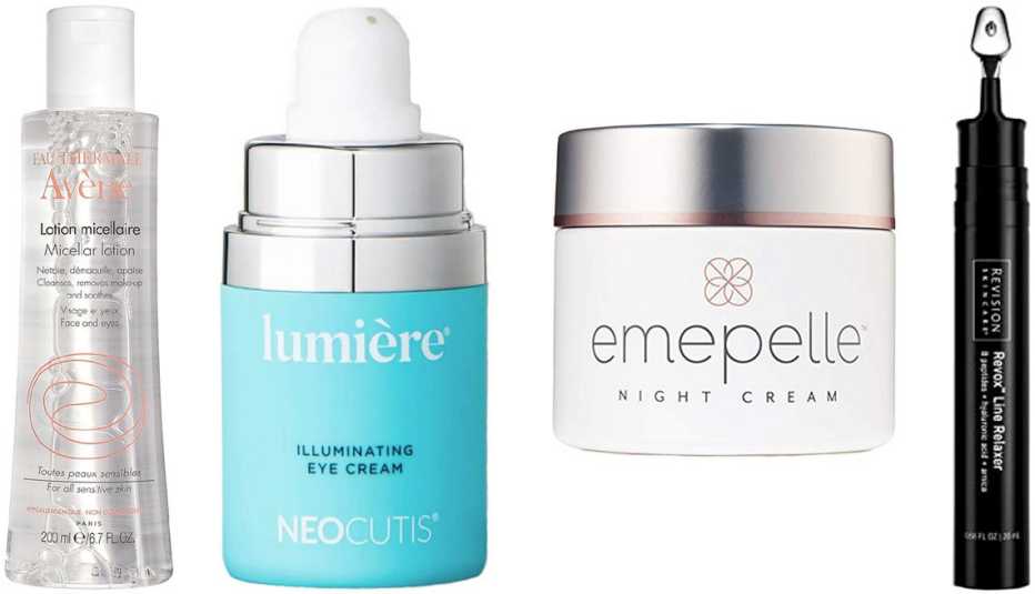 Las selecciones de la Dra. Lewis: (de izquierda a derecha) limpiadora Avene Micellar Lotion Cleansing Water ($18, walgreens.com); crema de ojos Neocutis Lumière Illuminating Eye Cream ($97, skinstore.com); crema de noche Emepelle Night Cream ($195, amazon.com); suero Revision Skincare Revox Line Relaxer ($145, amazon.com). Las selecciones de la Dra. Lewis: (de izquierda a derecha) limpiadora Avene Micellar Lotion Cleansing Water ($18, walgreens.com); crema de ojos Neocutis Lumière Illuminating Eye Cream ($97, skinstore.com); crema de noche Emepelle Night Cream ($195, amazon.com); suero Revision Skincare Revox Line Relaxer ($145, amazon.com).