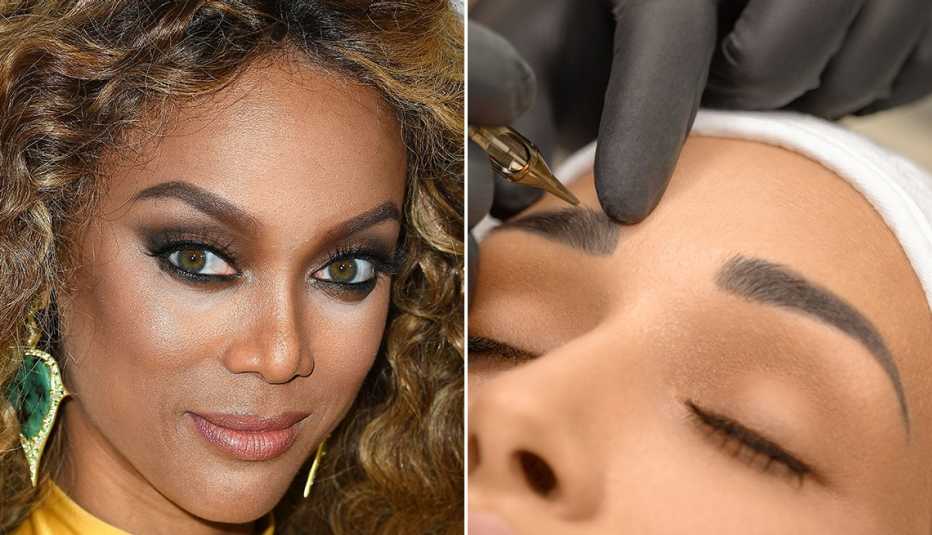 Tyra Banks (izquierda) y una mujer que se somete a un procedimiento de microblading.