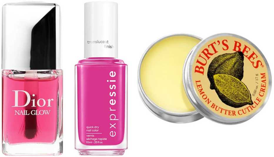 (Izquierda a derecha) Brillo de uñas Dior Nail Glow; esmalte para uñas Essie Expressie Quick Dry Nail Polish en color Turn Up the Century; crema de cutícula Burt's Bees 100% Natural Lemon Butter Cuticle Cream.