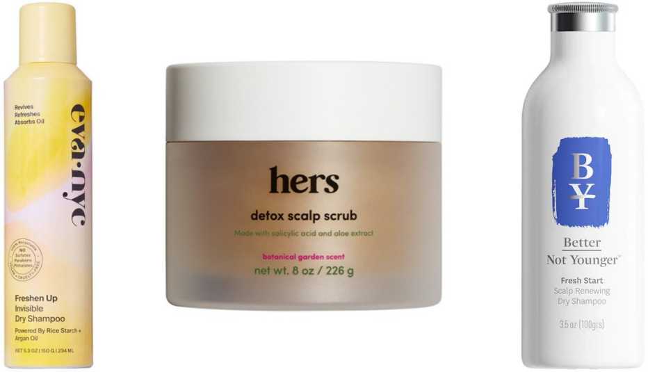 (Izquierda a derecha) Champú en seco Eva NYC Freshen Up Invisible Dry Shampoo; champú en seco Hers Detox Scalp Scrub; Better Not Younger Fresh Start Scalp Renewing Dry Shampoo.