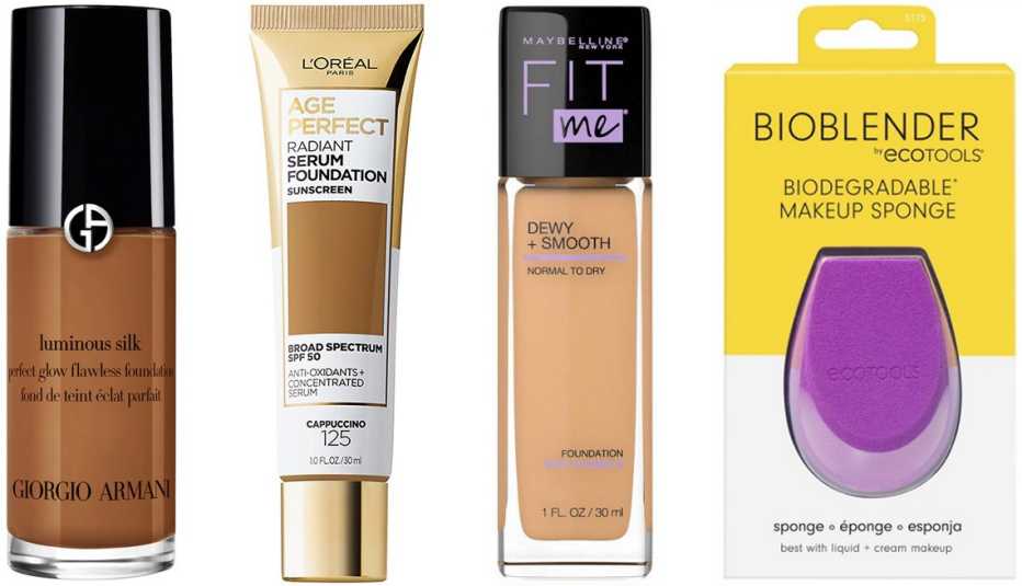 (Izquierda a derecha) Bases de maquillaje Armani Beauty Luminous Silk Perfect Glow Flawless Foundation; L'Oréal Paris Age Perfect Radiant Serum Foundation SPF 50; Maybelline Fit Me Dewy + Smooth Foundation; esponja EcoTools BioBlender Makeup Sponge.