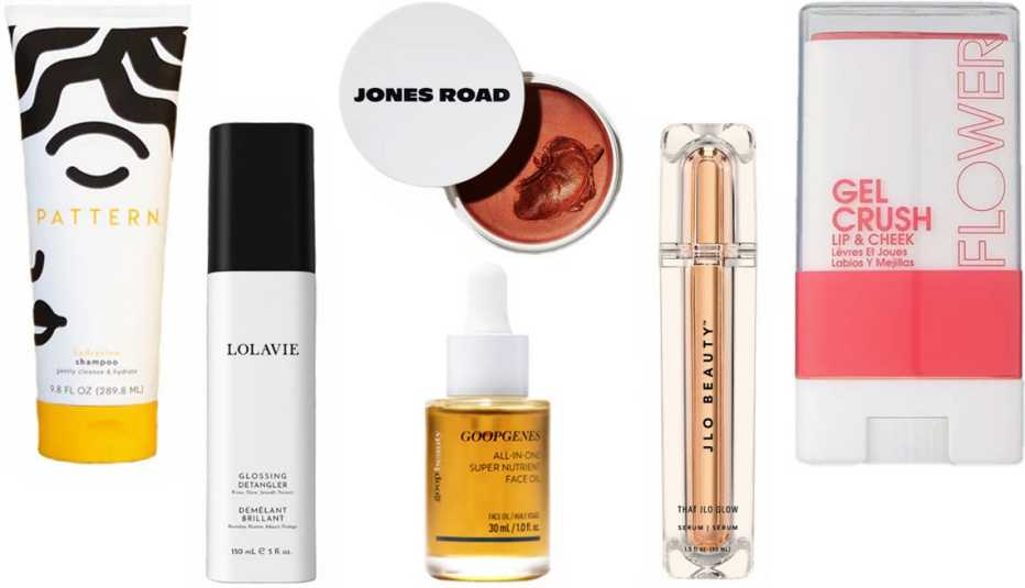 (De izquierda a derecha) Champú Pattern Hydration Shampoo ($9, patternbeauty.com); producto para desenredar el pelo LolaVie Glossing Detangler ($25, lolavie.com); bálsamo Jones Road Beauty Miracle Balm All-Over Glow en color Bronze ($38, jonesroadbeauty. com); aceite facial GoopGenes All-In-One Super Nutrient Face Oil ($98, goop.com); sérum That JLo Glow Serum ($79, jlobeauty.com); barra de color para labios y mejillas Flower Beauty Gel Crush Lip & Cheek en color Raspberry Crush ($10, flowerbeauty.com).
