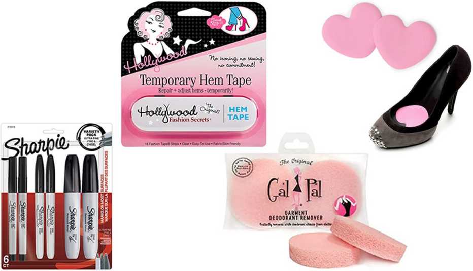 (De izquierda a derecha) Marcadores permanentes Sharpie Permanent Markers en color negro; cinta de dobladillo Hollywood Temporary Hem Tape; quitamanchas de desodorante Gal Pal Deodorant Removers; almohadillas para pies Foot Petals Women’s TIP Toes Ball Cushion en color rosa.