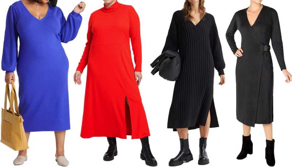 (Izq. a der.) vestido de suéter de mangas abombadas Plus-Size Balloon Long Sleeve Sweater Dress de Ava & Viv, en azul; vestido de manga larga Women’s Plus Long Sleeve Dress de Who What Wear, en rojo; vestido acanalado Rib-Knit Dress de H&M, en negro; vest
