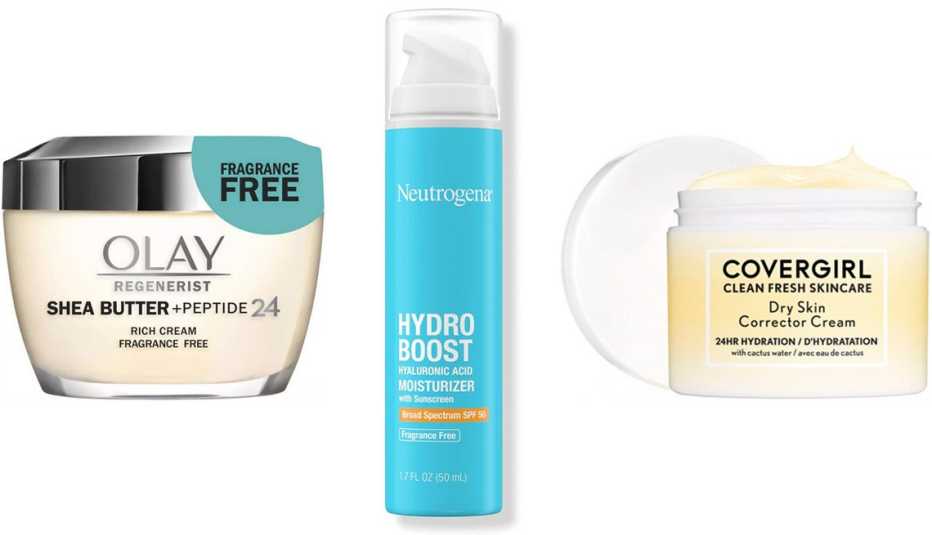 (Izq. a der.) crema Olay Regenerist Shea Butter + Peptide 24 Rich Cream; crema humectante con protector solar Neutrogena Hydro Boost Hyaluronic Acid Moisturizer SPF 50; crema Cover Girl Clean Fresh Skincare Dry Skin Corrector Cream.