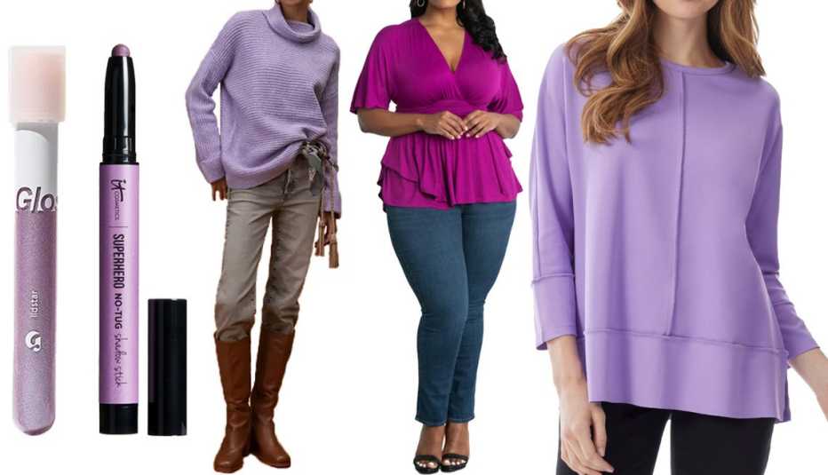 (Izq. a der.) sombra de ojos Glossier Lidstar en color lirio; sombra de ojos Superhero No-Tug Eyeshadow Stick de It Cosmetics, en violeta Epic Amethyst; suéter Pilcro Plus Cowl Neck Sweater de Anthropologie, en lavanda; Kiyonna Plus Promenade Top, en orqu