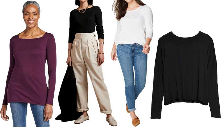 (Izq. a der.) camiseta estilo túnica Women’s Pima Cotton Tee, Long-Sleeve Squareneck Tunic de L.L. Bean, en morado Royal Plum; Banana Republic Fitted Ribbed Boatneck Tee en negro; camiseta escotada Pima 3/4-Sleeve Scoop-Neck Tee de J.Jill, en blanco; cami