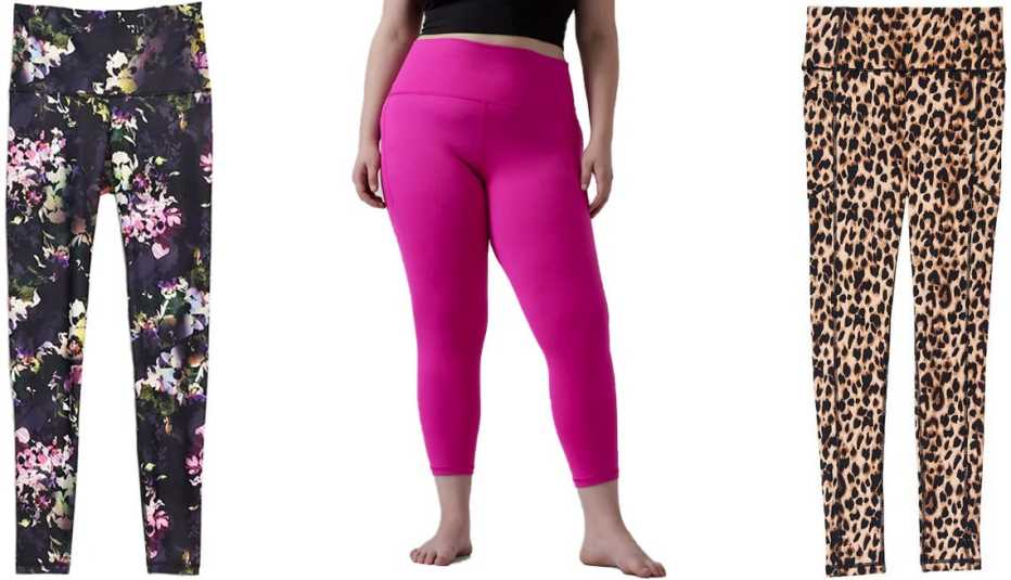 (Izq. a der.) Pantalones de licra de cintura alta Extra High-Waisted PowerSoft Light Compression Hidden-Pocket Leggings for Women de Old Navy, en negro con diseño floral; leggings de talle alto Salutation Stash Pocket II 7/8 Tight de Athleta, en rosa Elec