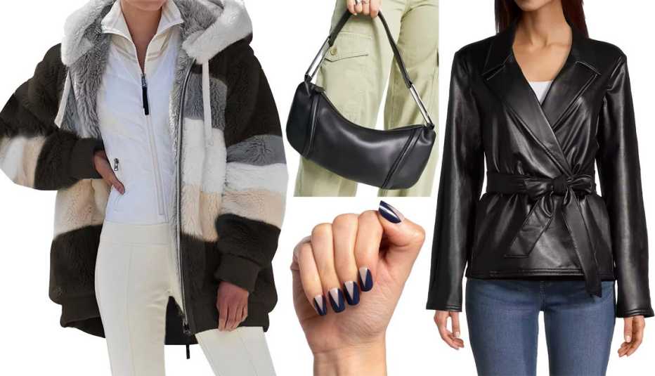 Abrigo KZKR Winter Plush Color Block Coat for Women en color Army Green, bolso Topshop Sadi Faux Leather Baguette Bag en color negro, gabardina Liz Claiborne Midweight Trench Coat en color negro; uñas postizas Olive & June Press-On Abrigo KZKR Winter Plush Color Block Coat for Women en color Army Green, bolso Topshop Sadi Faux Leather Baguette Bag en color negro, gabardina Liz Claiborne Midweight Trench Coat en color negro; uñas postizas Olive & June Press-On
