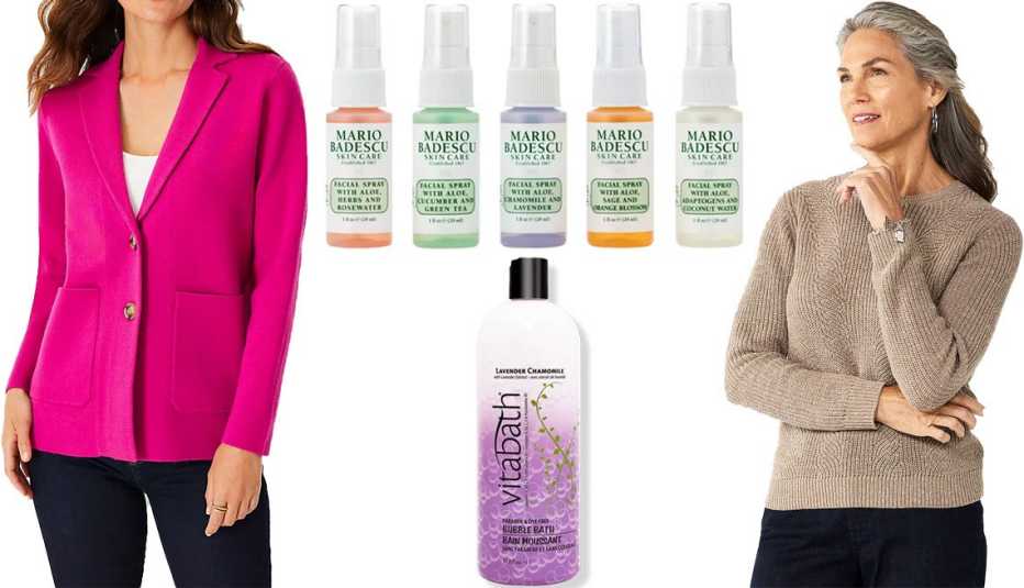Bléiser Ann Taylor,  conjunto de rocío hidratante en aerosol Mario Badescu, suéter de cuello redondo Croft & Barrow, baño de burbujas Vitabath Lavender