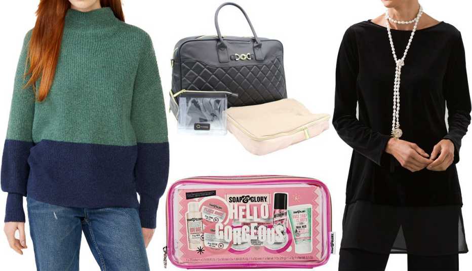 Suéter de cuello alto Free Assembly, juego de viaje C. Wonder Women, túnica de terciopelo Traveler’s Collection, juego de tamaño para viajes Soap & Glory 