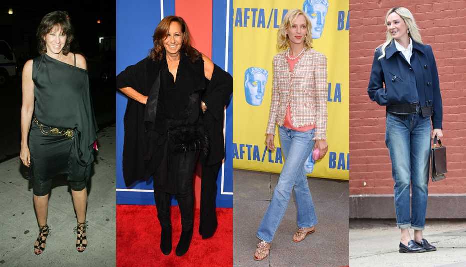 (Izquierda a derecha) Donna Karan en el 2003 y el 2022; Uma Thurman en el 2004 y el 2022.