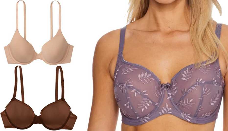 (En el sentido de las agujas del reloj, desde la parte superior izquierda) Sostén de tirantes T-Shirt Full Coverage Logo Strap Bra de Victoria’s Secret en color Sweet Praline ($40, victoriassecret.com); sostén Panache Tango Balconette Bra en color Grey Vi