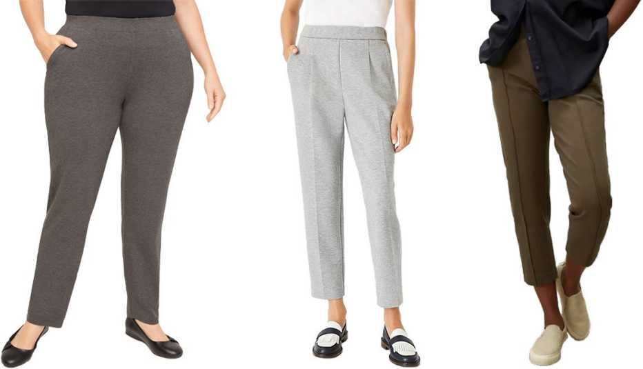 (De izquierda a derecha) Catherines Anywear Classic Pant en gris oscuro Charcoal Heather Grey; Ann Taylor The Easy Ankle Pant in Double Knit en gris claro Lazy Grey Melange; Everlane The Dream Pant en verde oscuro Dark Forest.