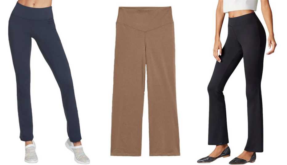 (De izquierda a derecha) Skechers Gowalk Pants en Blue Iris; Old Navy Extra High-Waisted PowerChill Cropped Wide-Leg Yoga Pants for Women en Play Clay; Hanes ComfortFlex Flare Leggings en negro.
