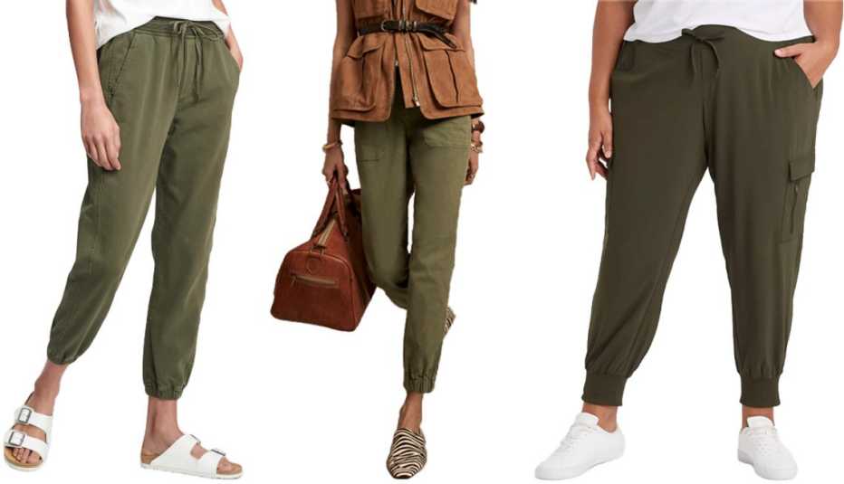  (De izquierda a derecha) Gap Ribbed Pull-On Joggers with Washwell en verde Desert Cactus Green; Banana Republic Slim Utility Pant en verde oliva Green Olive; All In Motion Women's Stretch Woven Cargo Pants en verde oliva Olive.