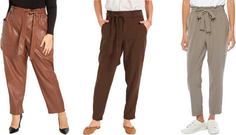 (De izquierda a derecha) Eloquii Paperbag Waist Faux Leather Pant en café Friar Brown; Old Navy High-Waisted Cropped Belted Straight-Leg Pants for Women en café escuro Peppercorn; Stylus Paperbag Waist Loose Fit Tapered Trouser en café claro Classic Mushr