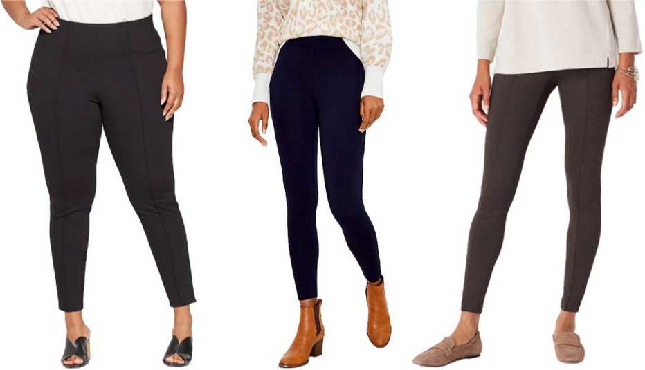 (De izquierda a derecha) Leggings Ava & Viv Plus Size Mid-Rise Pull-On Ponte Pants en negro; Loft Seamed Ponte Leggings en Forever Navy; J.Jill Smoothing-Ponte Leggings en negro.