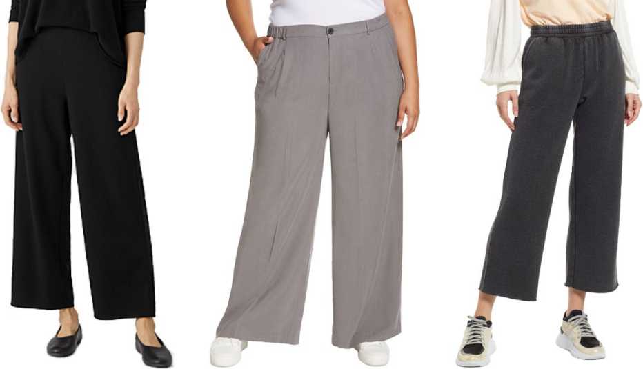 (De izquierda a derecha) Eileen Fisher Flex Ponte Wide-Leg Pant en negro; Open Edit Plus Twill Wide Leg Trousers en gris Grey Charcoal; Treasure & Bond Washed Wide Leg Pants.