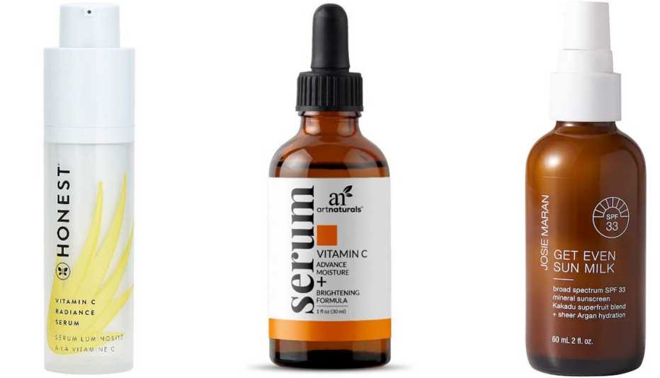 (De izquierda a derecha) Vitamin C Radiance Serum de Honest Beauty; Vitamin C Serum de Artnaturals; Get Even Sun Milk SPF 33 de Josie Maran. (De izquierda a derecha) Vitamin C Radiance Serum de Honest Beauty; Vitamin C Serum de Artnaturals; Get Even Sun Milk SPF 33 de Josie Maran