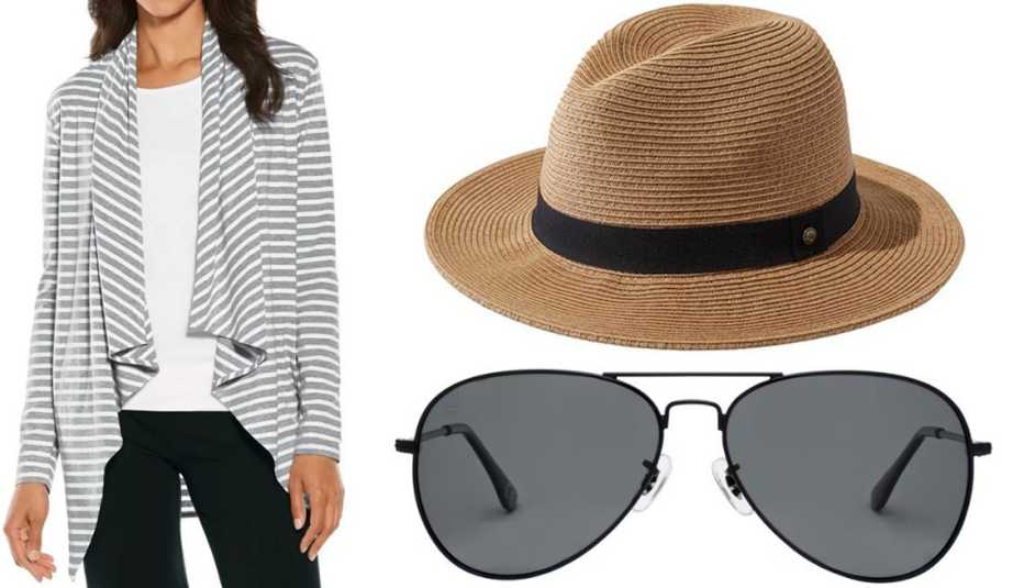 (En sentido de las agujas del reloj, desde la izquierda) chal para mujer Marietas Sun Wrap de Coolibar UPF 50 en gris con rayas blancas; sombrero para mujer Sunday Afternoons Havana Hat de L.L. Bean en marrón; gafas de sol The Commando 2.0 Polarized Privé (En sentido de las agujas del reloj, desde la izquierda) chal para mujer Marietas Sun Wrap de Coolibar UPF 50 en gris con rayas blancas; sombrero para mujer Sunday Afternoons Havana Hat de L.L. Bean en marrón; gafas de sol The Commando 2.0 Polarized Privé Revaux en negro Caviar Black.