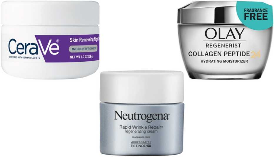  (En el sentido de las agujas del reloj, desde la esquina superior izquierda) Skin Renewing Night Cream de CeraVe; Regenerist Collagen Peptide 24 Face Moisturizer de Olay; Rapid Wrinkle Repair Retinol Cream Fragrance-Free de Neutrogena.