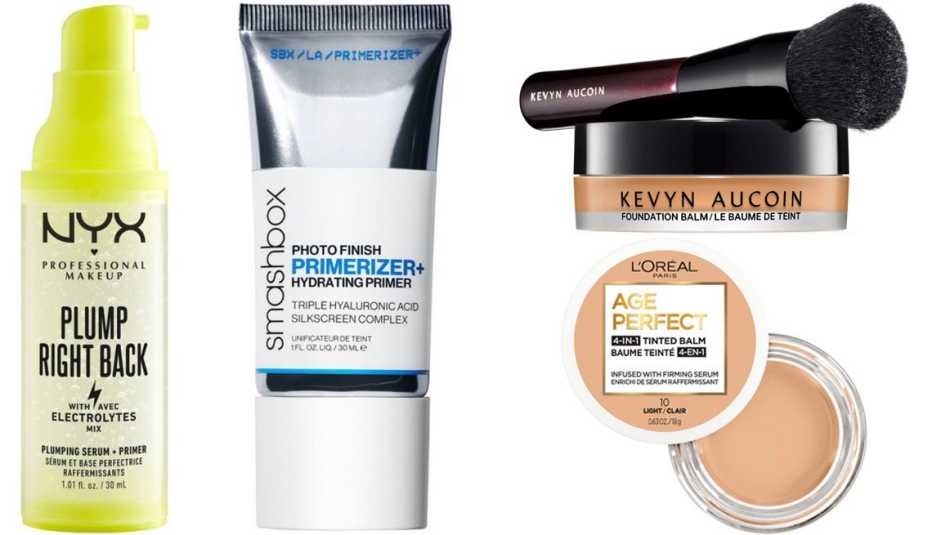 Professional Makeup Plump Right Back Plumping Primer de NYX (izquierda); Photo Finish Primerizer + Hydrating Primer de Smashbox (en el centro, a la izquierda); Beauty Foundation Balm & Brush de Kevyn Aucoin (esquina superior derecha); Age Perfect 4-in-1 Tinted Face Balm Foundation de L'Oreal (esquina inferior derecha).