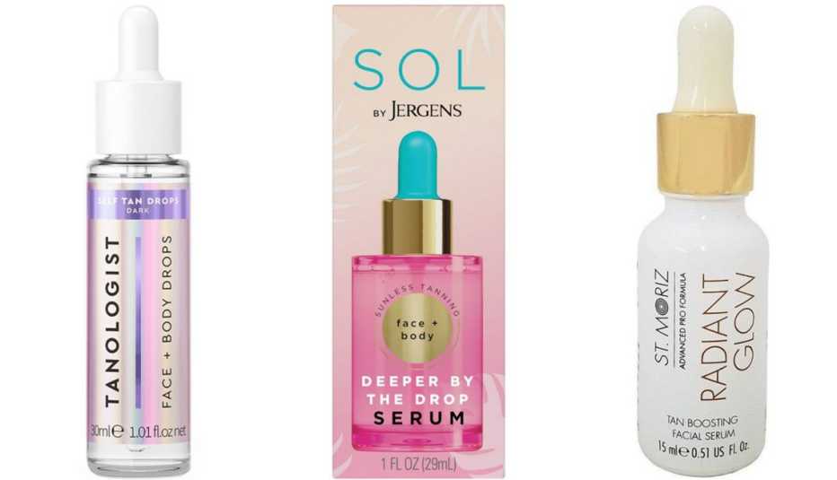 (De izquierda a derecha) Self-Tanner Drops for Face + Body de Tanologist; Deeper by the Drop Face + Body Serum Tanning Drops de Sol by Jergens; Radiant Glow Tan Boosting Facial Serum de St Moritz.