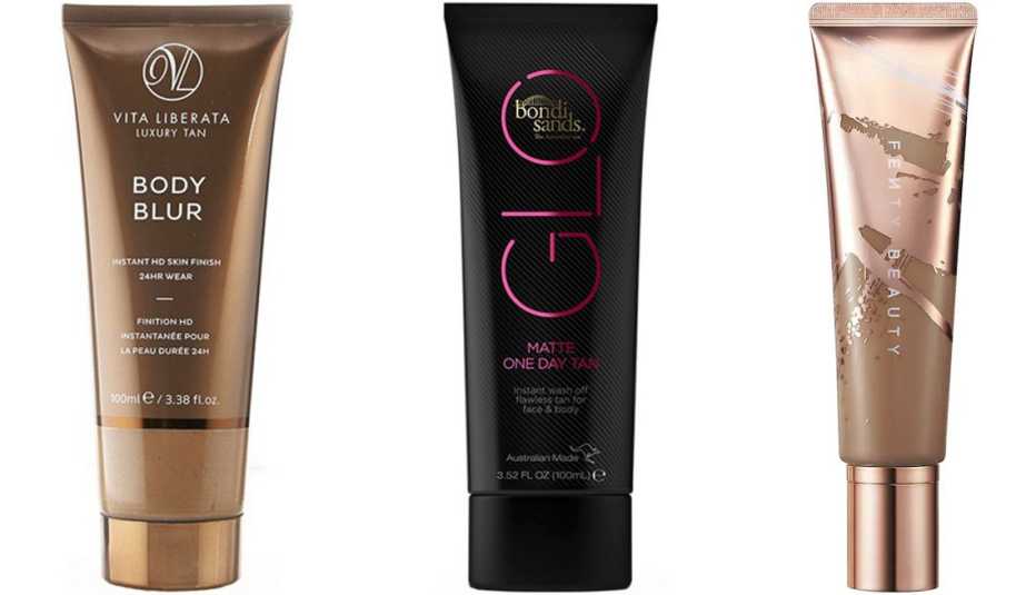  (De izquierda a derecha) Body Blur Instant HD Skin Finish de Vita Liberata; Glo Matte Cream One Day Tan de Bondi Sands; Body Sauce Body Luminizing Tint de Fenty Beauty by Rihanna. 